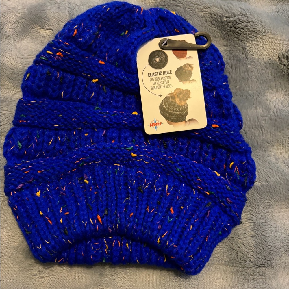 Blue Knit Beanie with hole for messy bun or ponytail